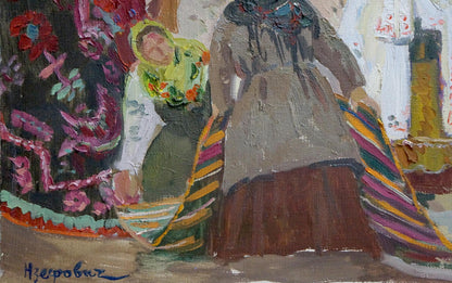 Oil painting by Yuzefovich Natalia Vladimirovna: woman in green floral dress, yellow headscarf beside figure in colorful striped fabric