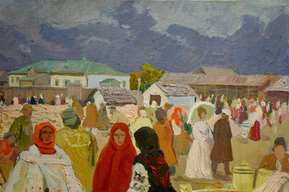 Vibrant red headscarf on woman in Yuzefovich Natalia Vladimirovnas Oil painting On the market