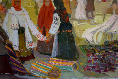 Oil painting by Yuzefovich Natalia Vladimirovna: woman in green skirt beside figure in orange headscarf