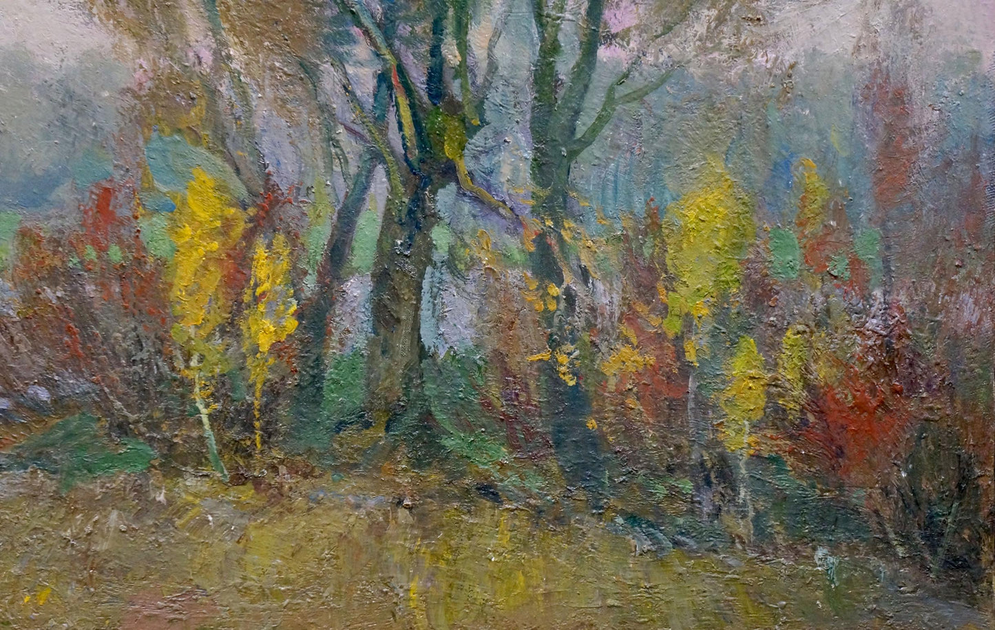 Oil painting Near the river by Minka Alexander Fedorovich, autumn forest scene