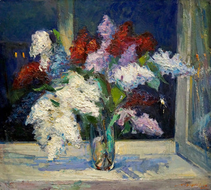 Oil painting by Leonid Alexandrovich Zaborovsky: vibrant lilac bouquet