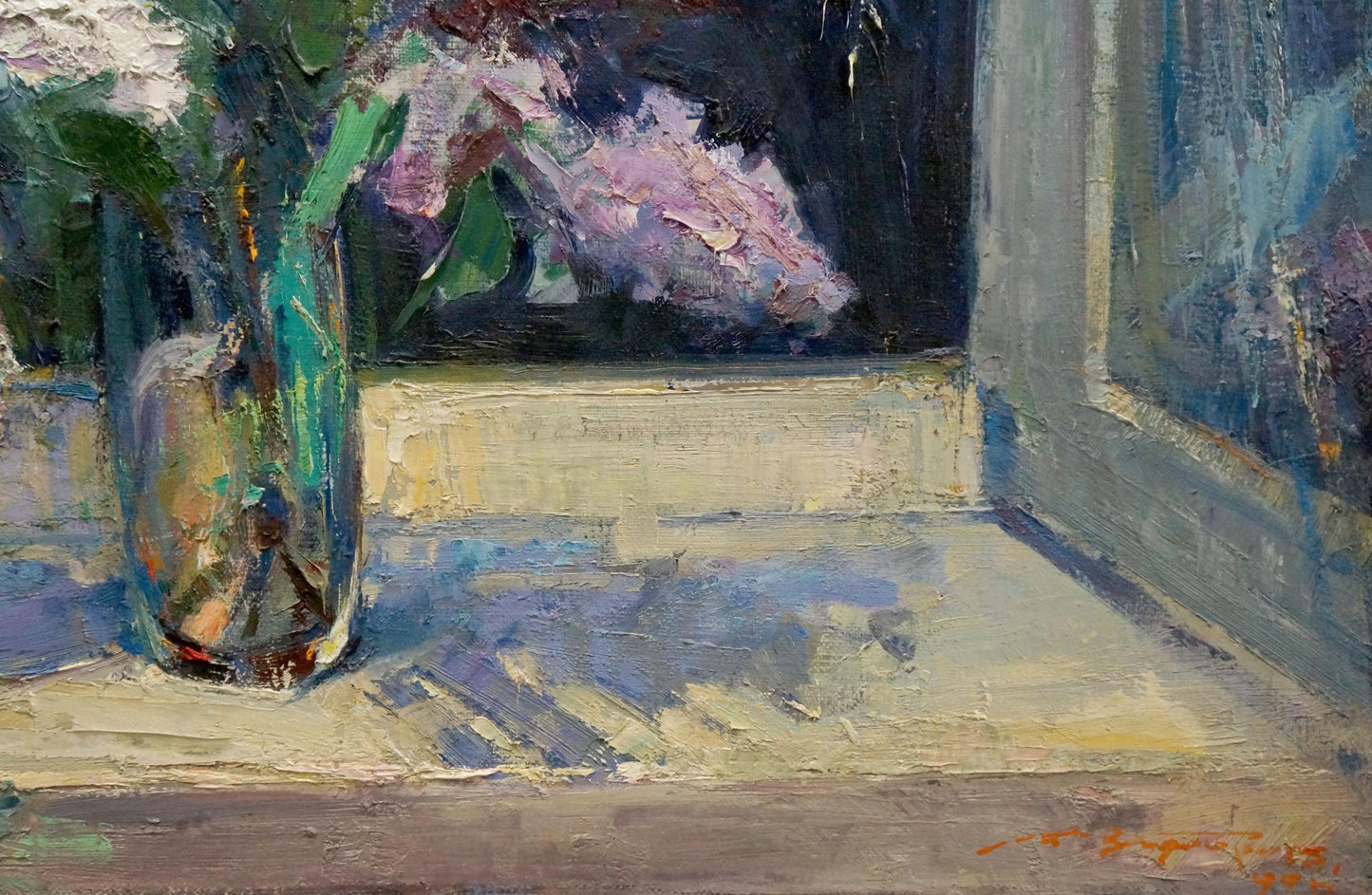 Oil painting by Zaborovsky Leonid Alexandrovich: translucent green glass vase with purple and white flowers