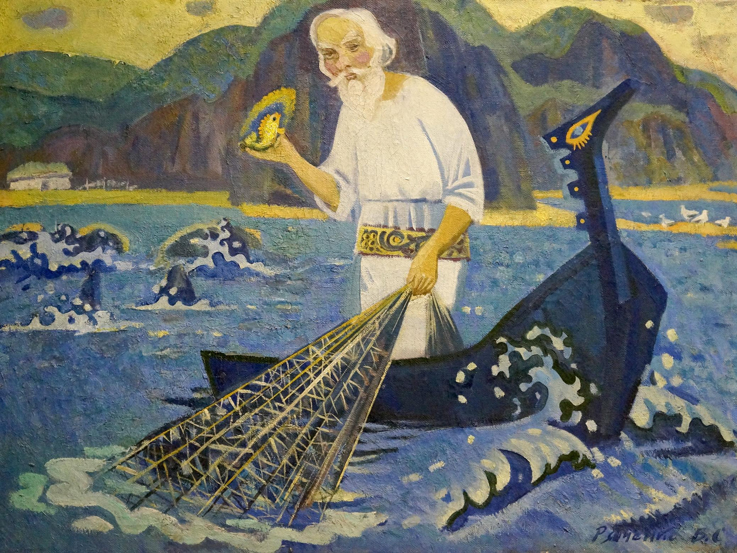 Oil painting of Grandfather fishing by Vasily Sergeevich Ryabchenko
