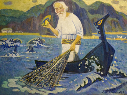 Oil painting of Grandfather fishing by Vasily Sergeevich Ryabchenko
