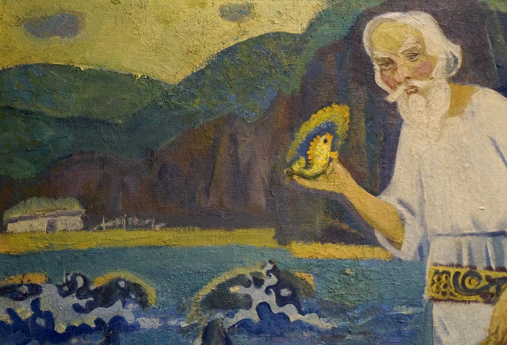 Oil painting of bearded grandfather fishing by Vasily Sergeevich Ryabchenko