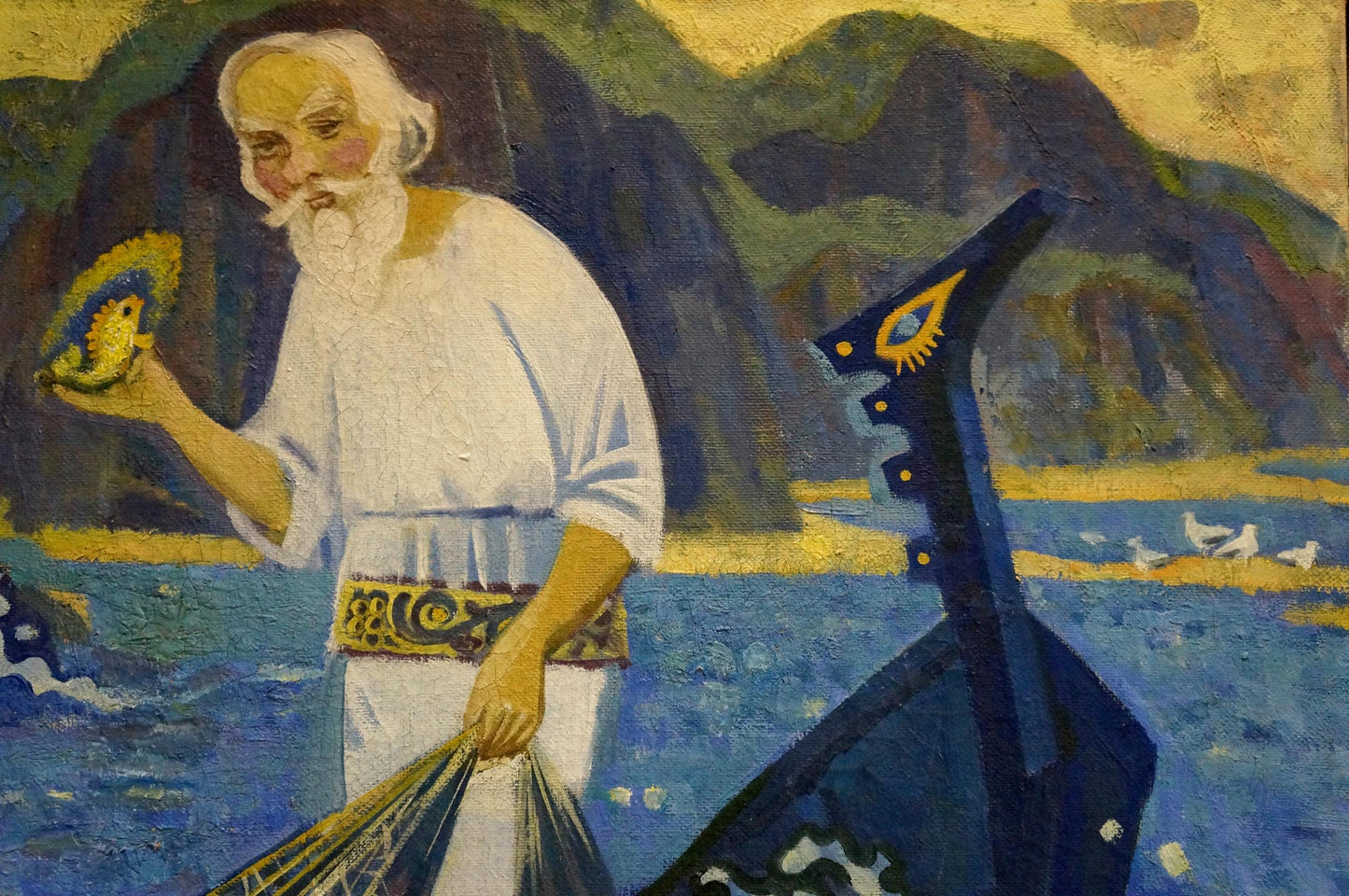 Stylized blue Viking longship oil painting by Vasily Sergeevich Ryabchenko