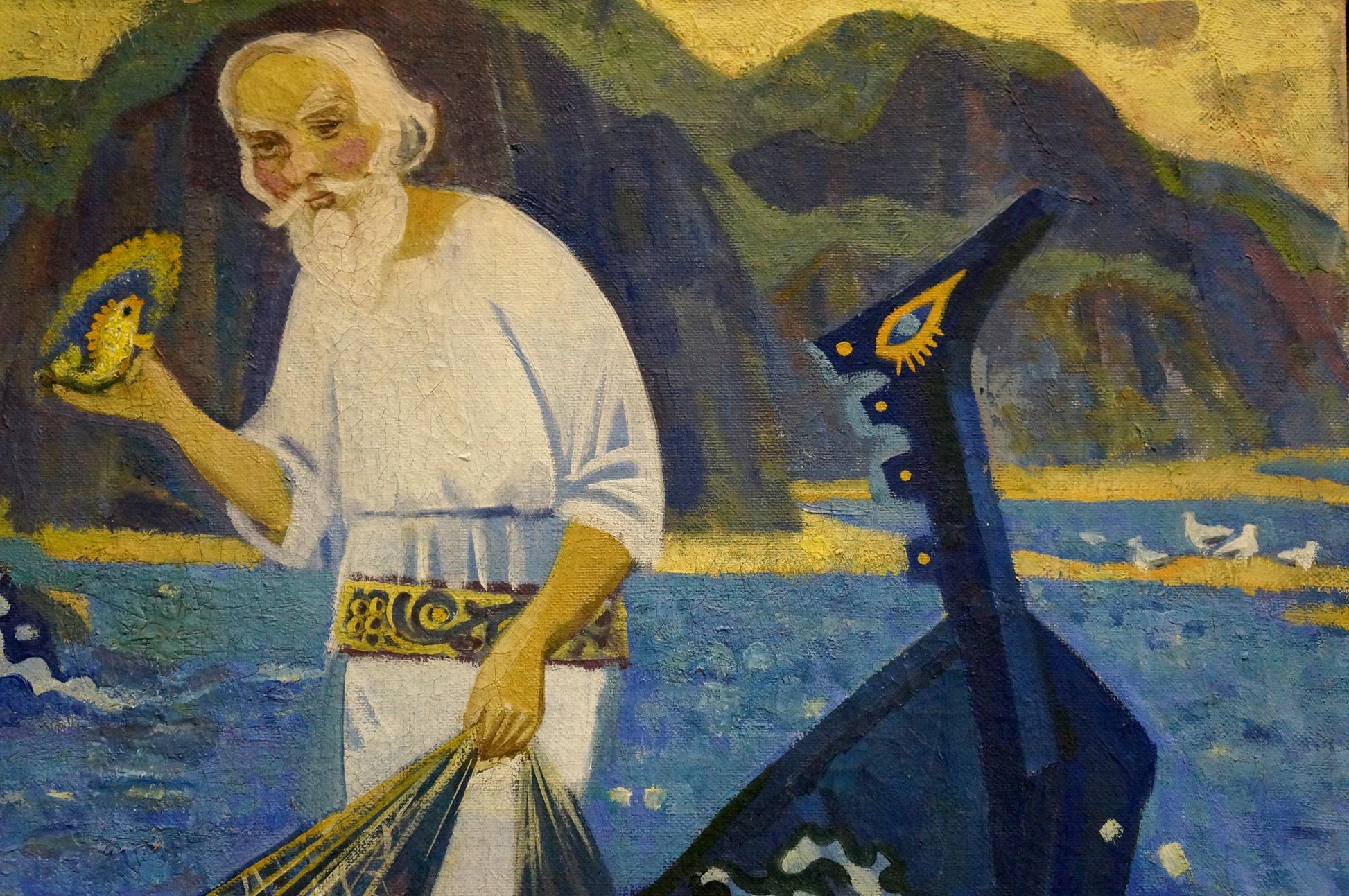 Stylized blue Viking longship oil painting by Vasily Sergeevich Ryabchenko