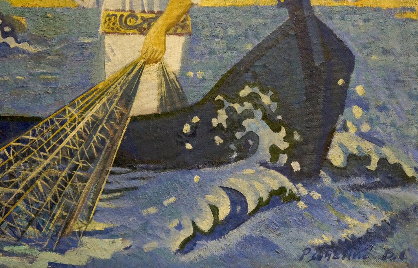 Stylized dark blue whale surfacing in ocean, Ryabchenko grandfather fishing oil painting