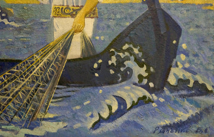 Stylized dark blue whale surfacing in ocean, Ryabchenko grandfather fishing oil painting