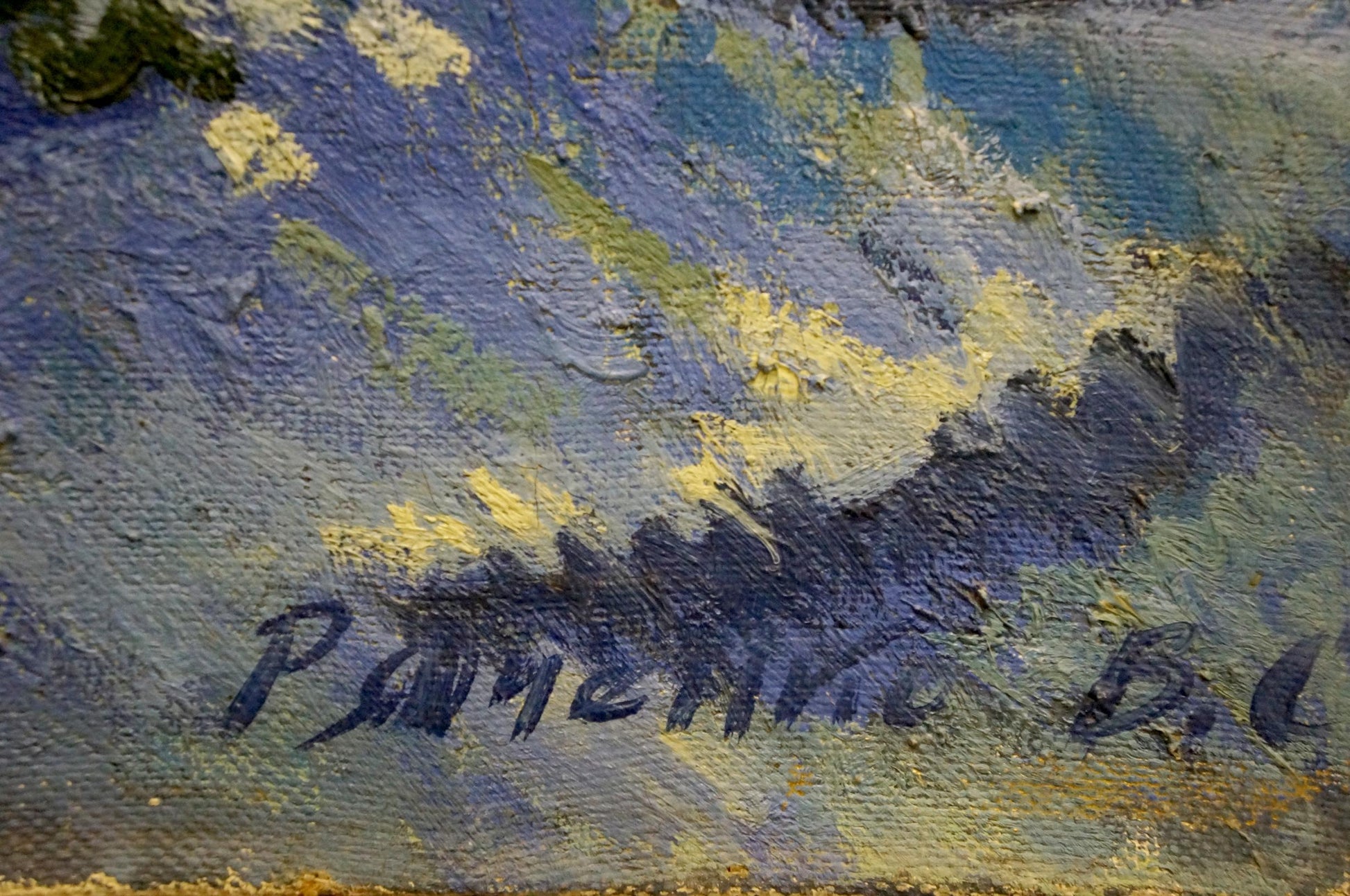 Back of oil painting Grandfather fishing by Vasily Sergeevich Ryabchenko with signature ramen’skiy v.s
