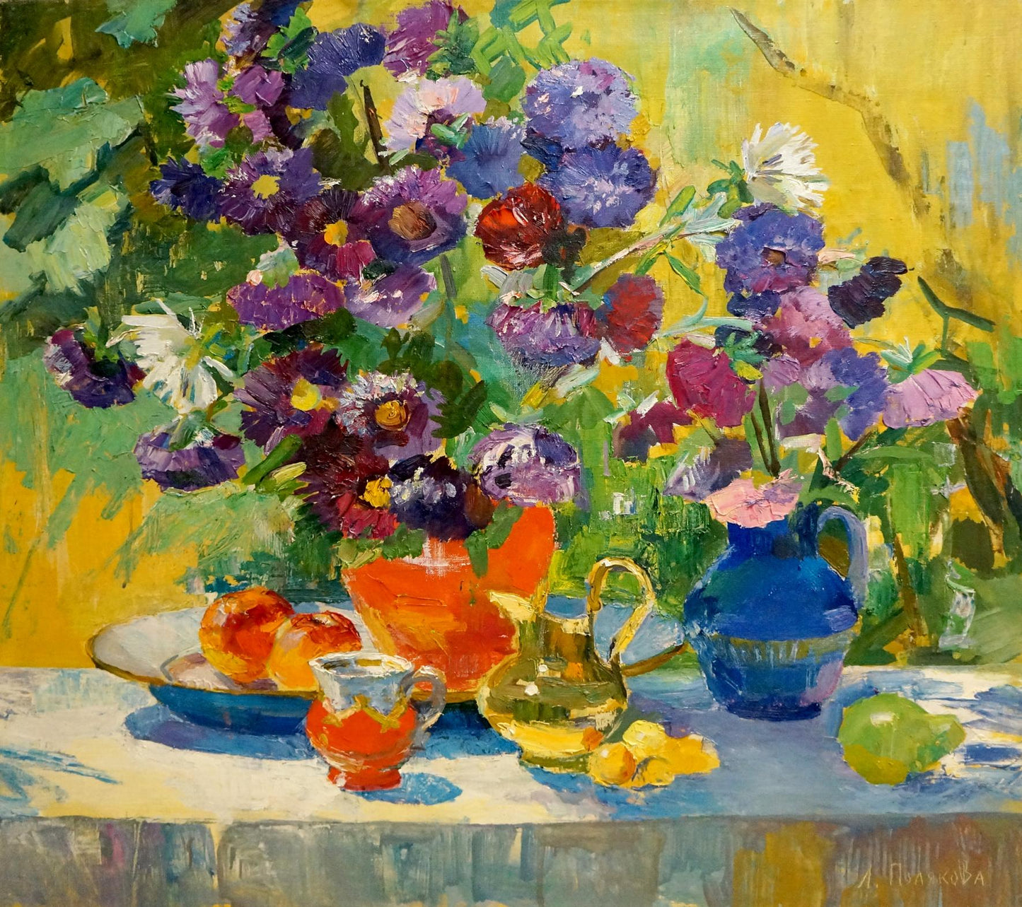 Oil painting of vibrant purple blue white asters by Polyakova Lyudmila Valentinovna