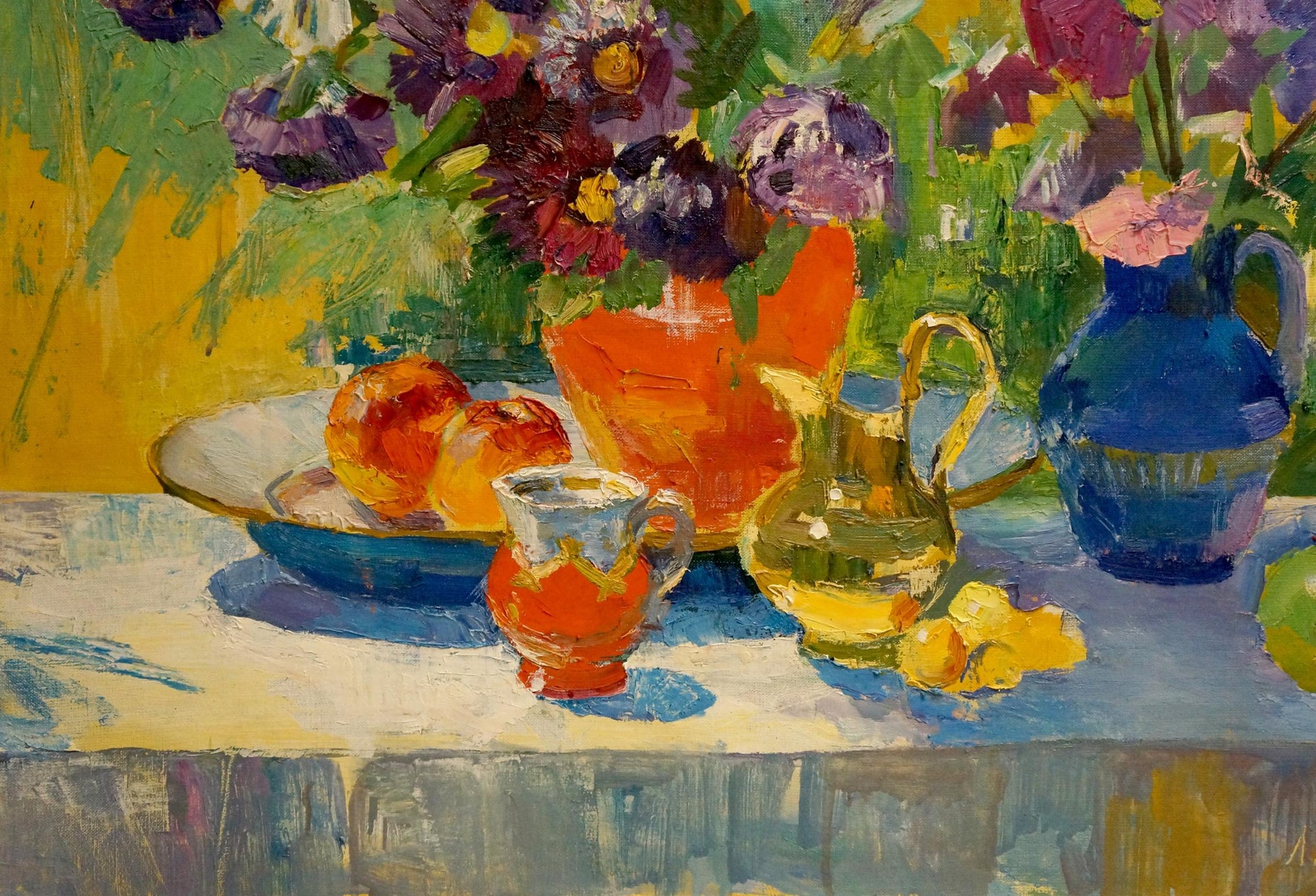 Vibrant orange ceramic pitcher in Polyakova Lyudmila Valentinovna oil painting