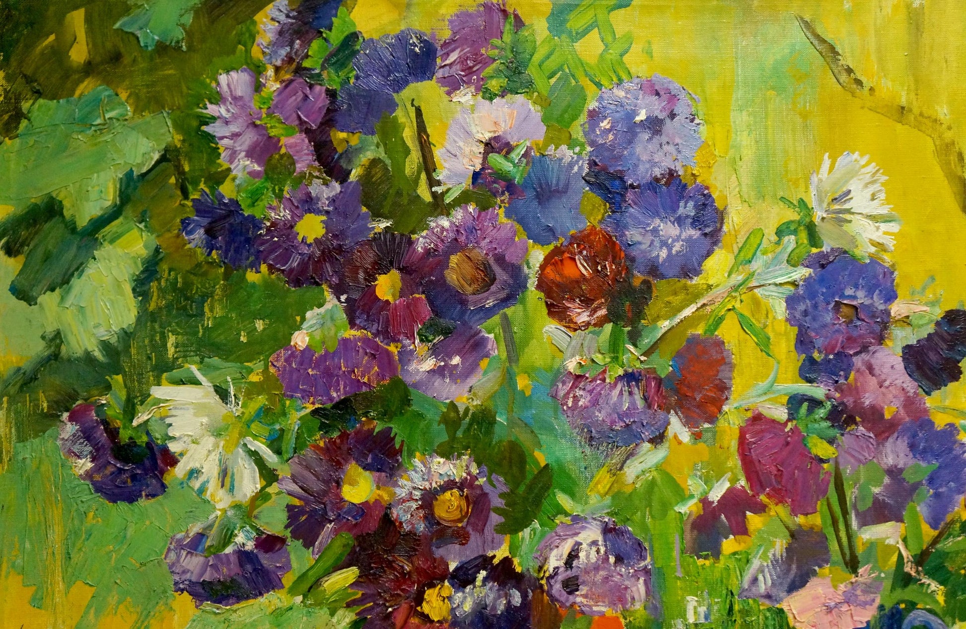 Vibrant oil painting of purple blue white flowers by Polyakova Lyudmila Valentinovna