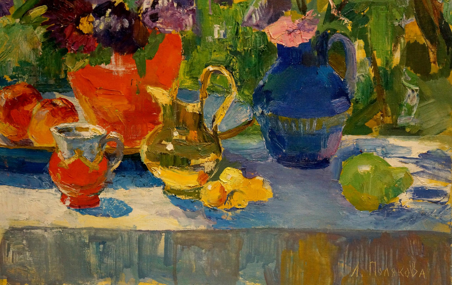 Blue ceramic pitcher in Oil painting Flowers and sweets by Polyakova Lyudmila Valentinovna