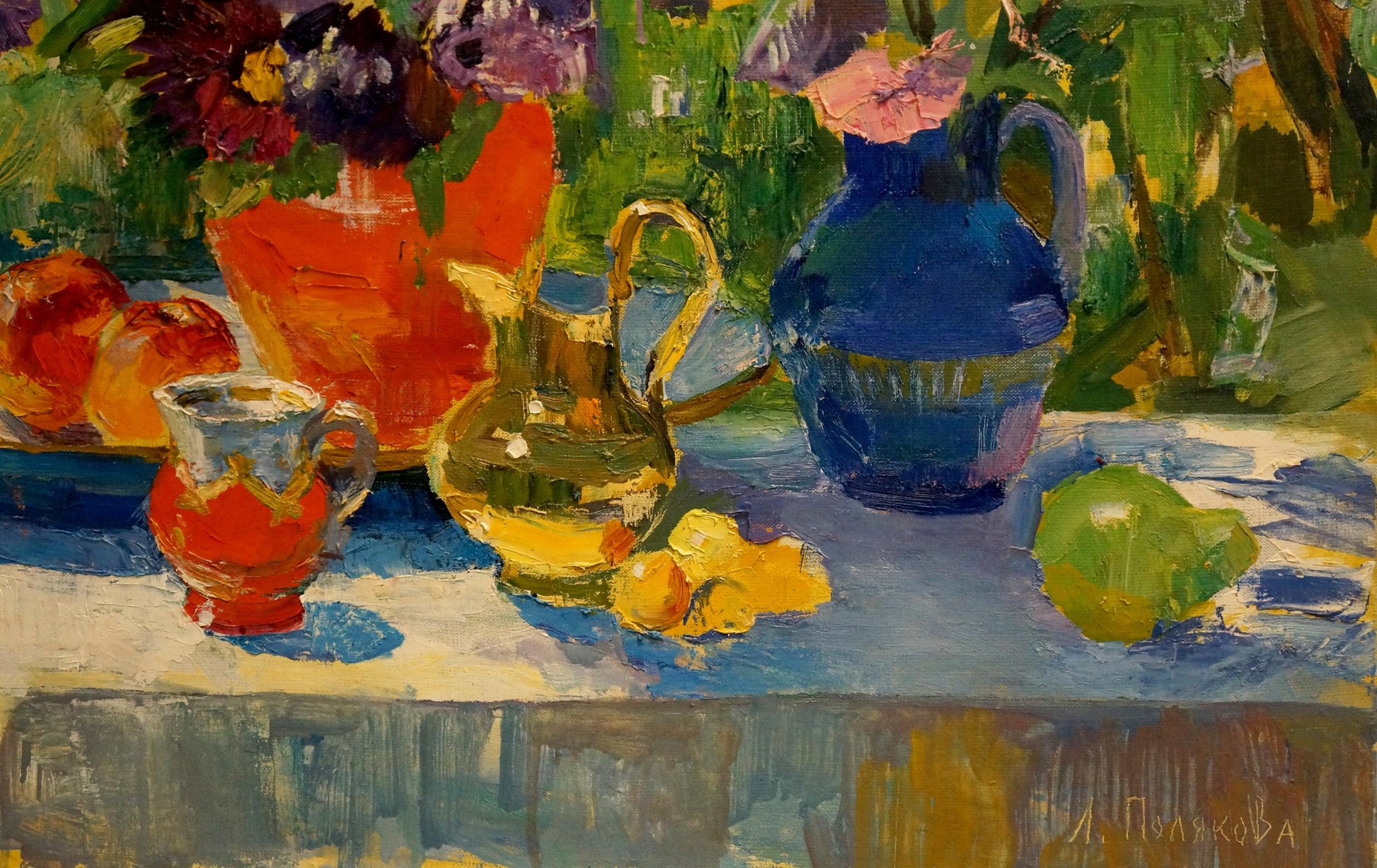 Blue ceramic pitcher in Oil painting Flowers and sweets by Polyakova Lyudmila Valentinovna