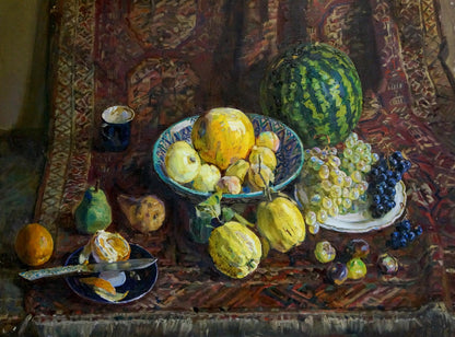 Oil painting by Zhuravlev Viktor Nikiforovich: green striped watermelon with fruits on rug
