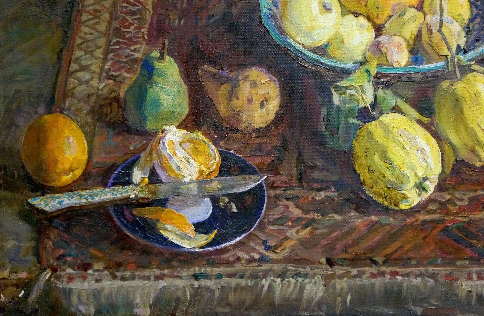 Oil painting by Zhuravlev Viktor Nikiforovich: blue plate with peeled orange and ornate knife