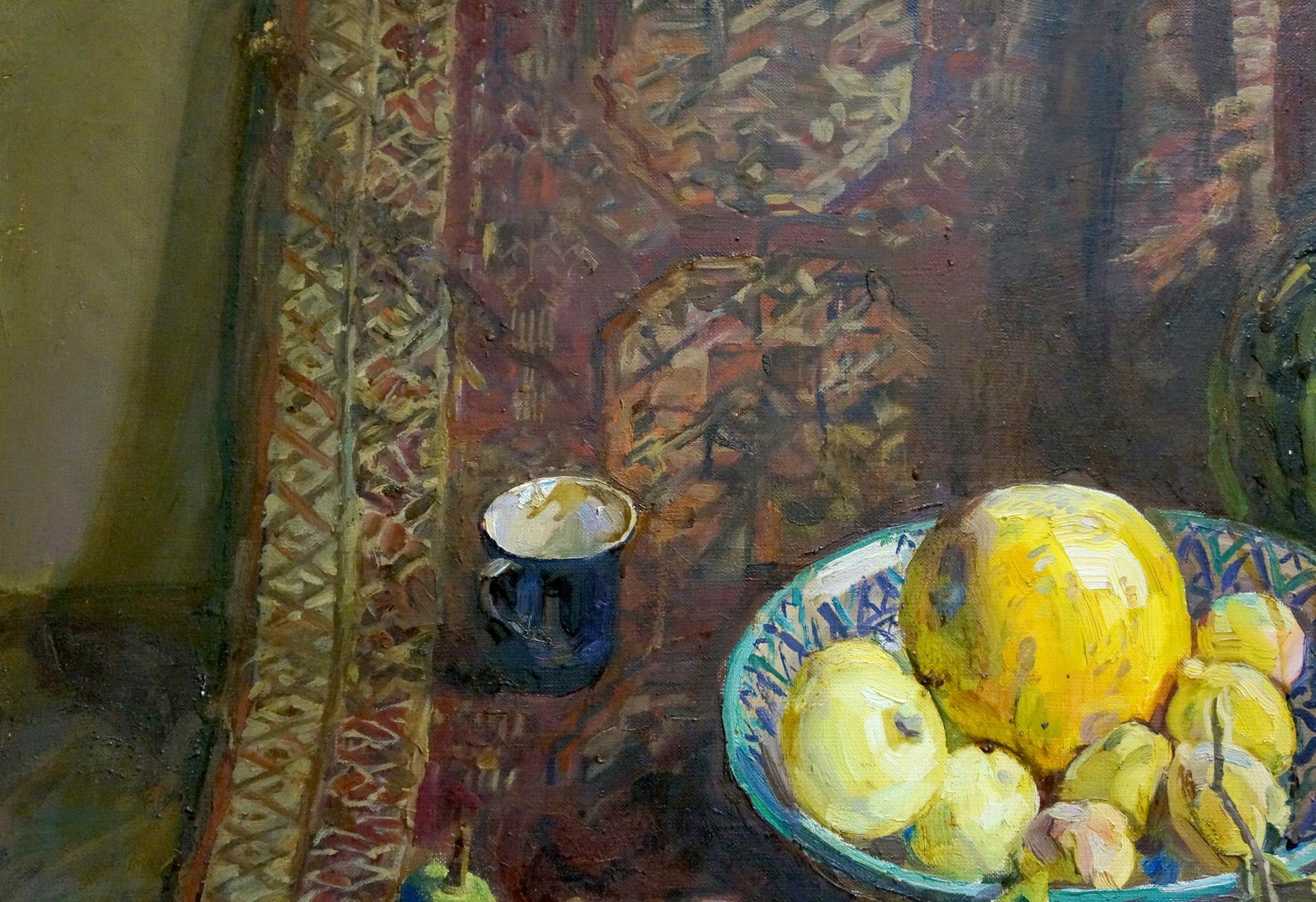 Oil painting of blue and white bowl with yellow pears by Zhuravlev Viktor Nikiforovich