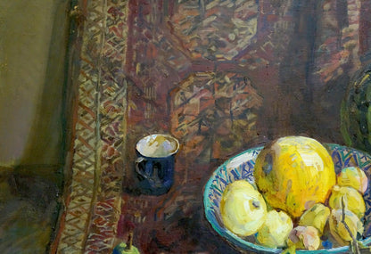 Oil painting of blue and white bowl with yellow pears by Zhuravlev Viktor Nikiforovich