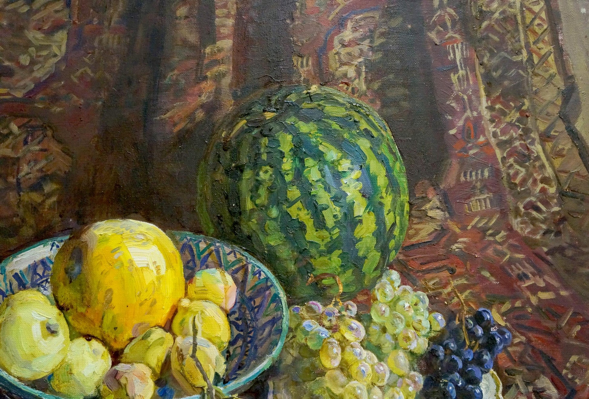 Oil painting of vibrant green striped watermelon by Zhuravlev Viktor Nikiforovich