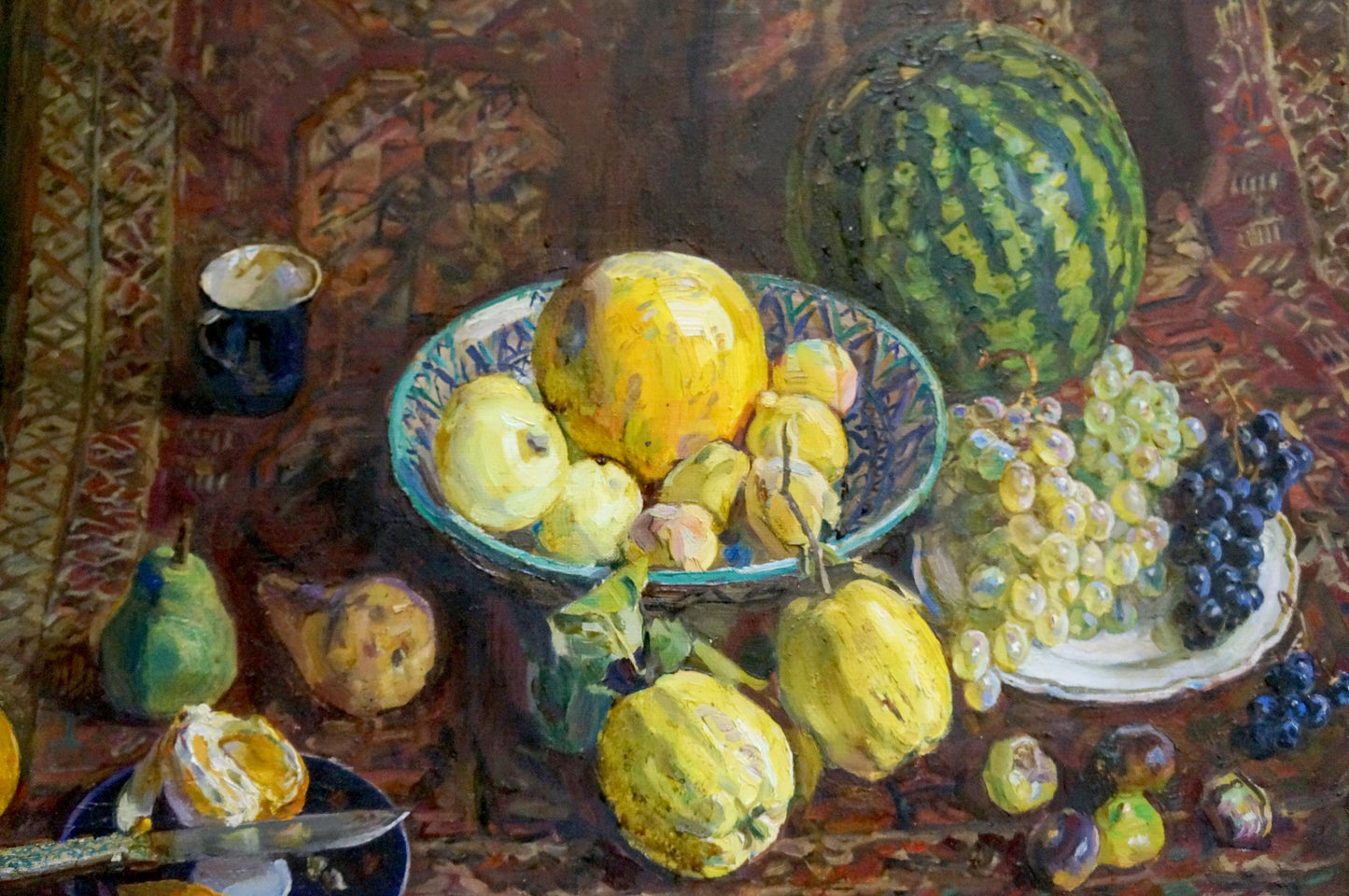 Oil painting of vibrant green striped watermelon by Zhuravlev Viktor Nikiforovich