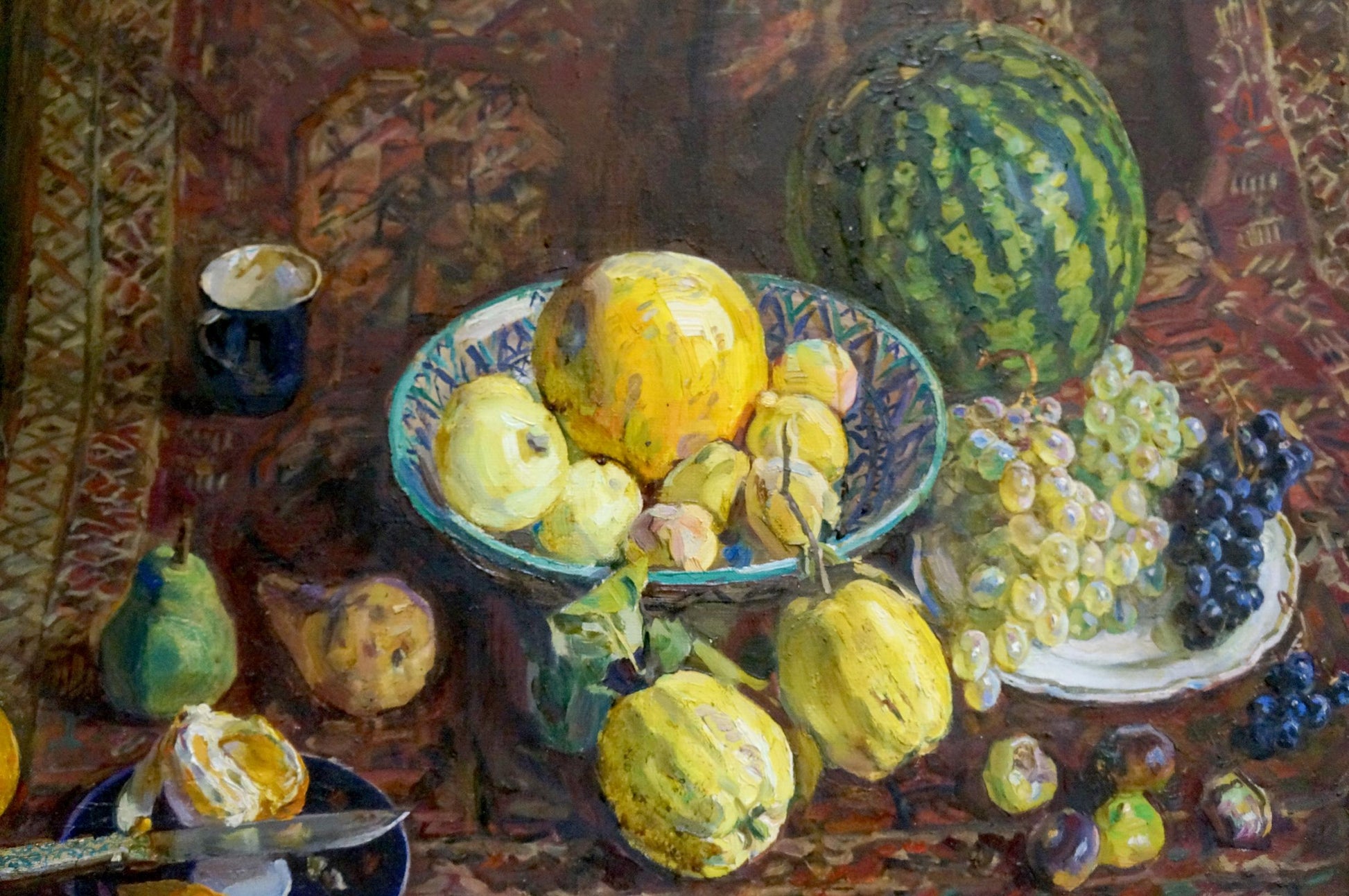 Oil painting of vibrant green striped watermelon by Zhuravlev Viktor Nikiforovich