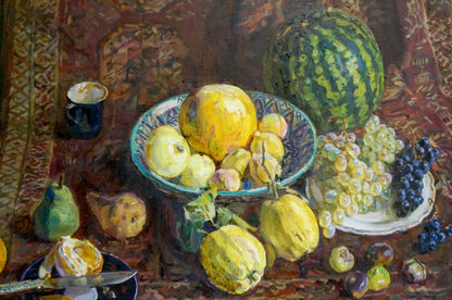 Oil painting of vibrant green striped watermelon by Zhuravlev Viktor Nikiforovich