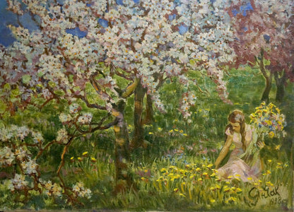 Oil painting by Yanchak Elena Vaclavovna: woman in pink dress kneeling in dandelion field under cherry trees