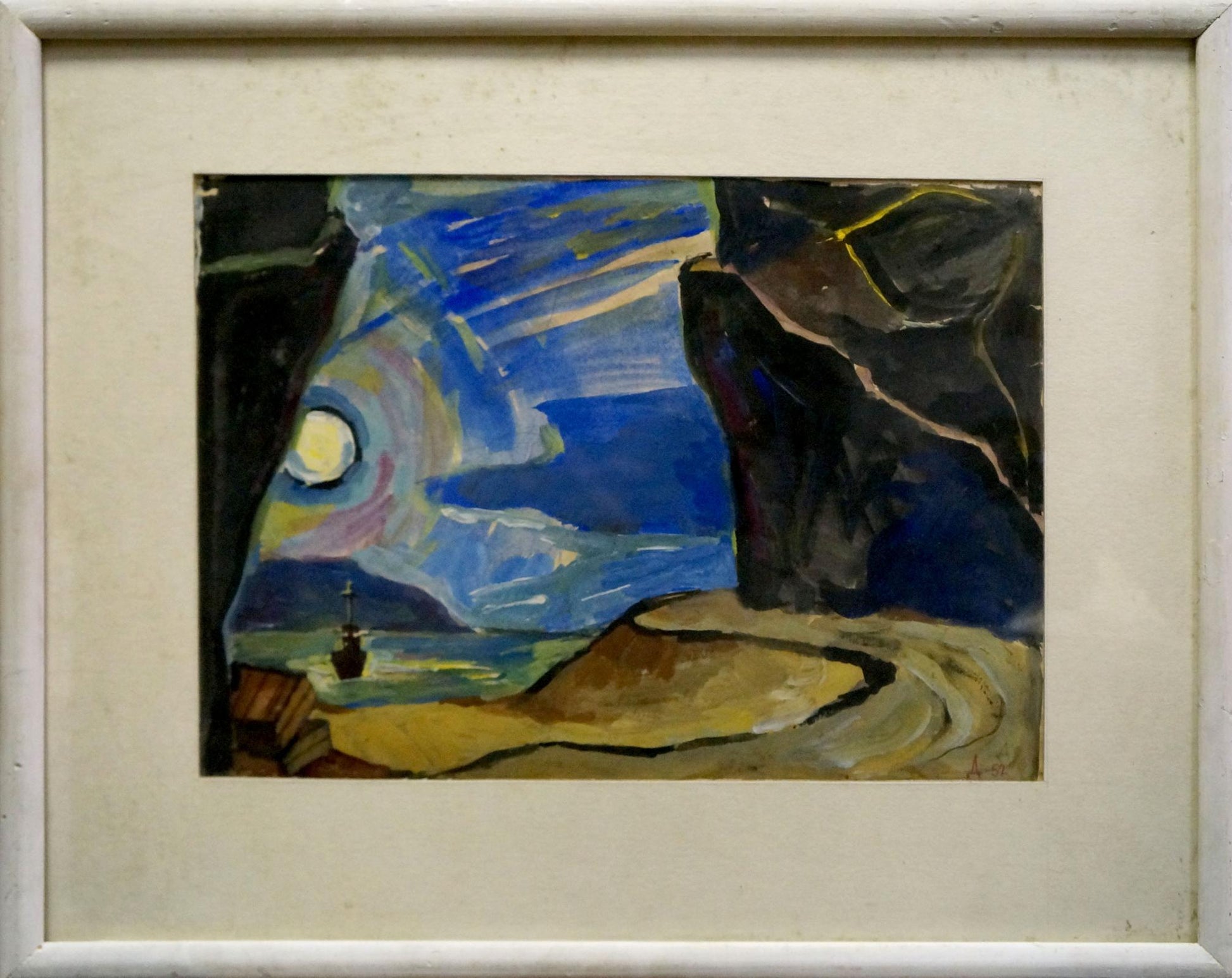 Framed abstract sea shore oil painting by Deineka with blue moon