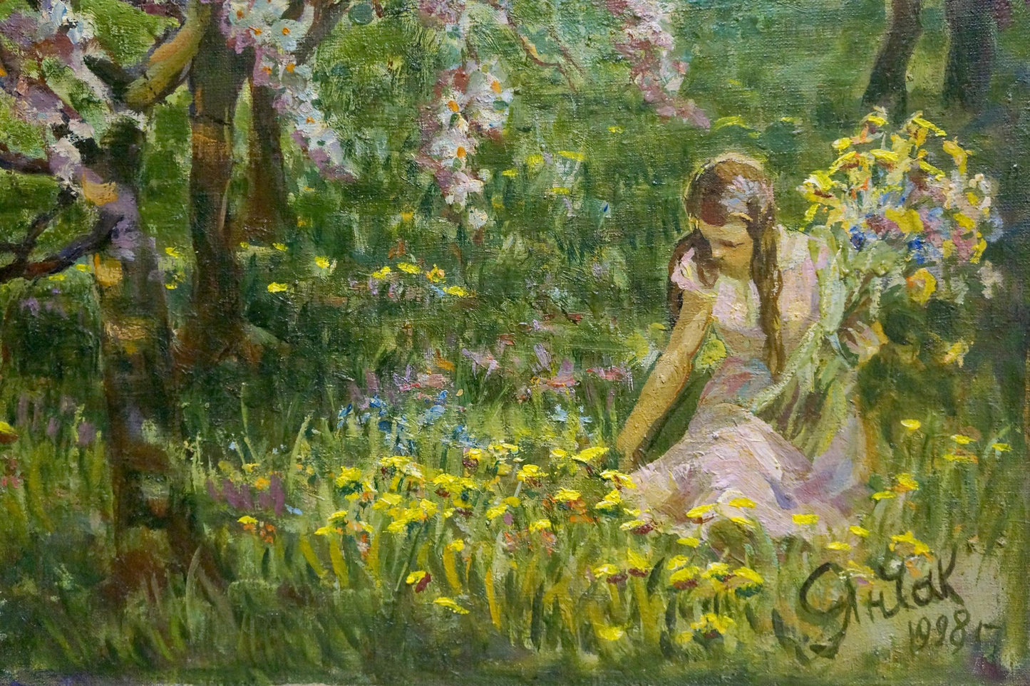 Oil painting by Yanchak Elena Vaclavovna: woman in pink dress amid yellow purple wildflowers under blooming trees