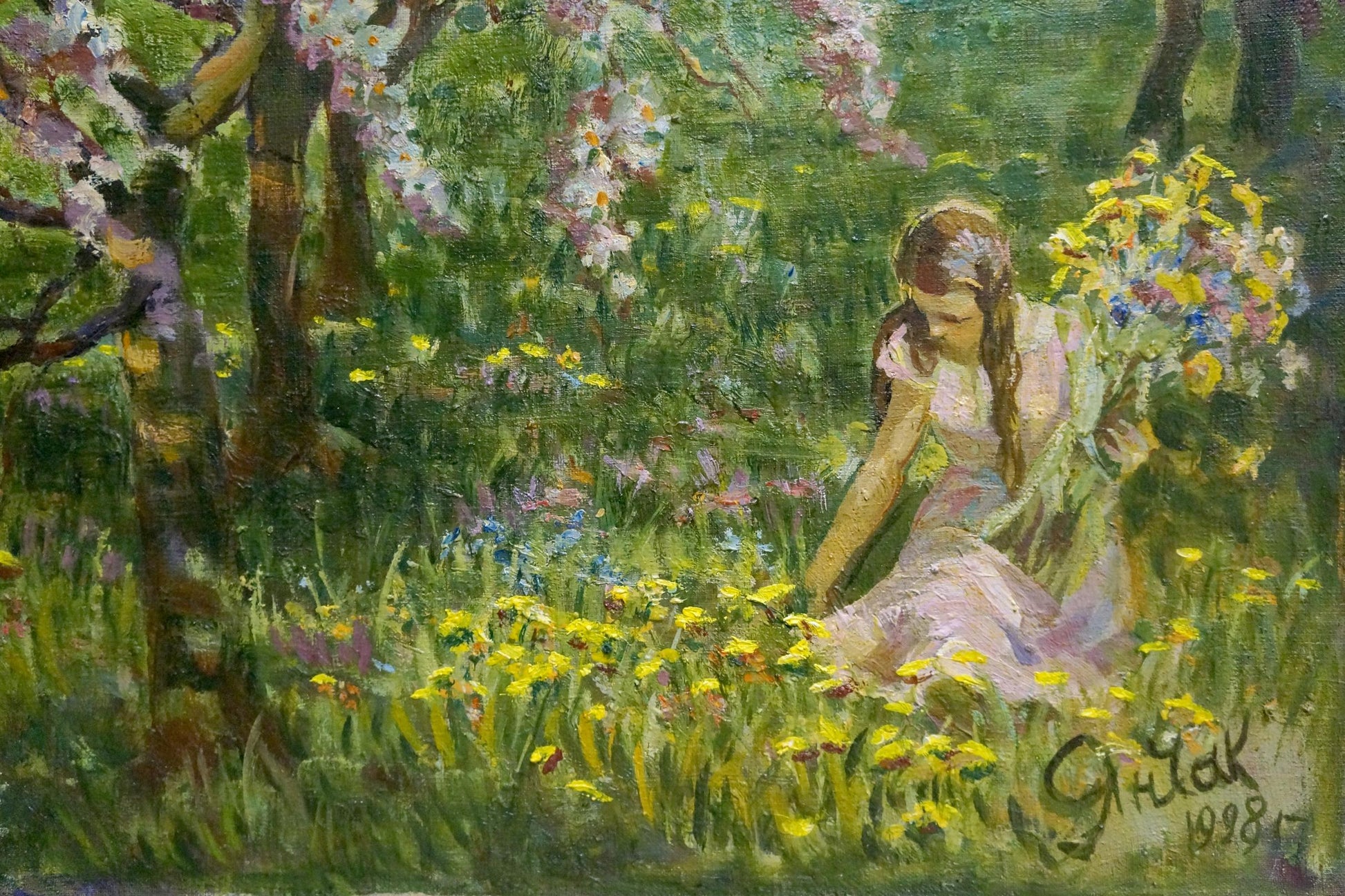Oil painting by Yanchak Elena Vaclavovna: woman in pink dress amid yellow purple wildflowers under blooming trees