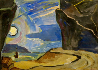 Oil painting by Deineka Alexander Alexandrovich: cave entrance with boat on moonlit sea