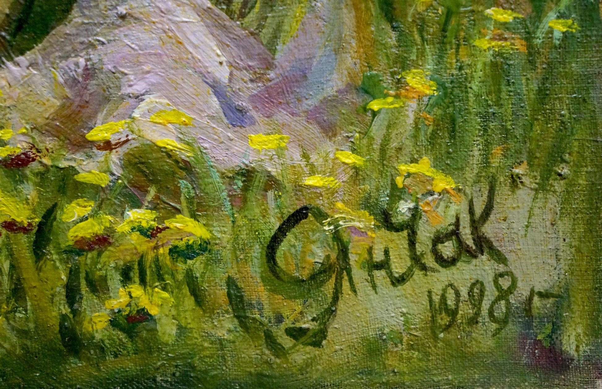 Oil painting of yellow dandelions, green foliage, purple hillside by Yanchak Elena Vaclavovna
