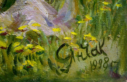 Oil painting of yellow dandelions, green foliage, purple hillside by Yanchak Elena Vaclavovna