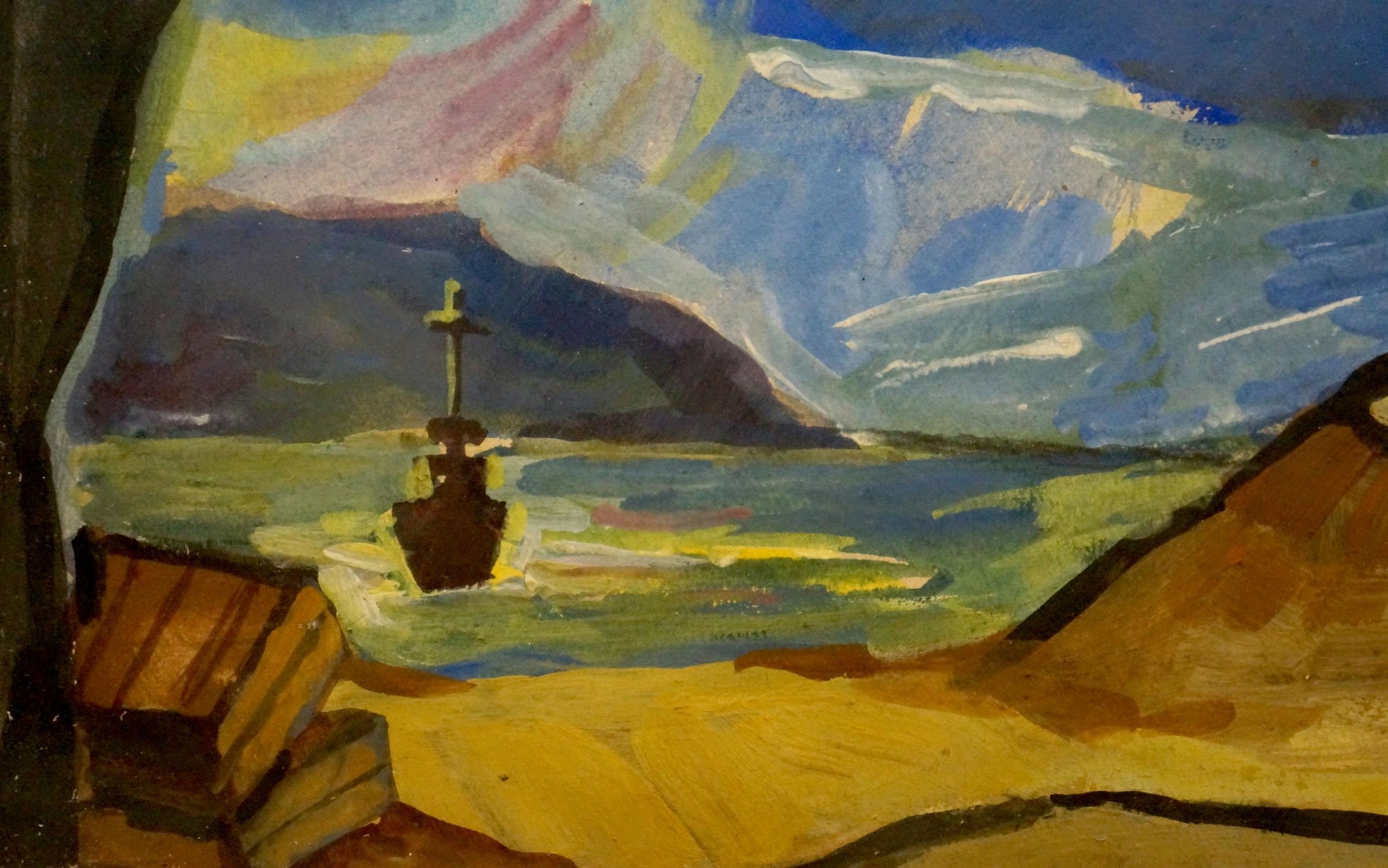 Oil painting by Deineka Alexander Alexandrovich: dark ship on vibrant seas