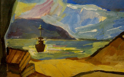 Oil painting by Deineka Alexander Alexandrovich: dark ship on vibrant seas