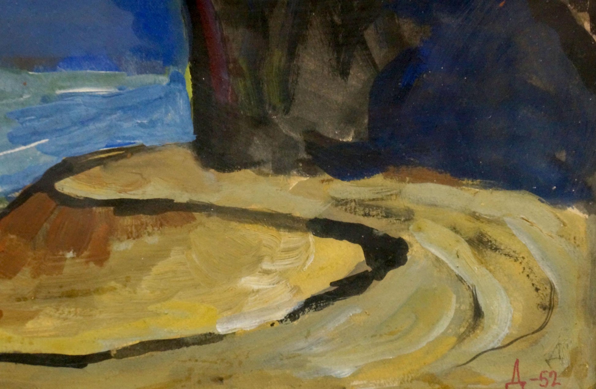 Oil painting Sea shore by Deineka Alexander Alexandrovich with bold yellow, brown, black strokes on deep blue