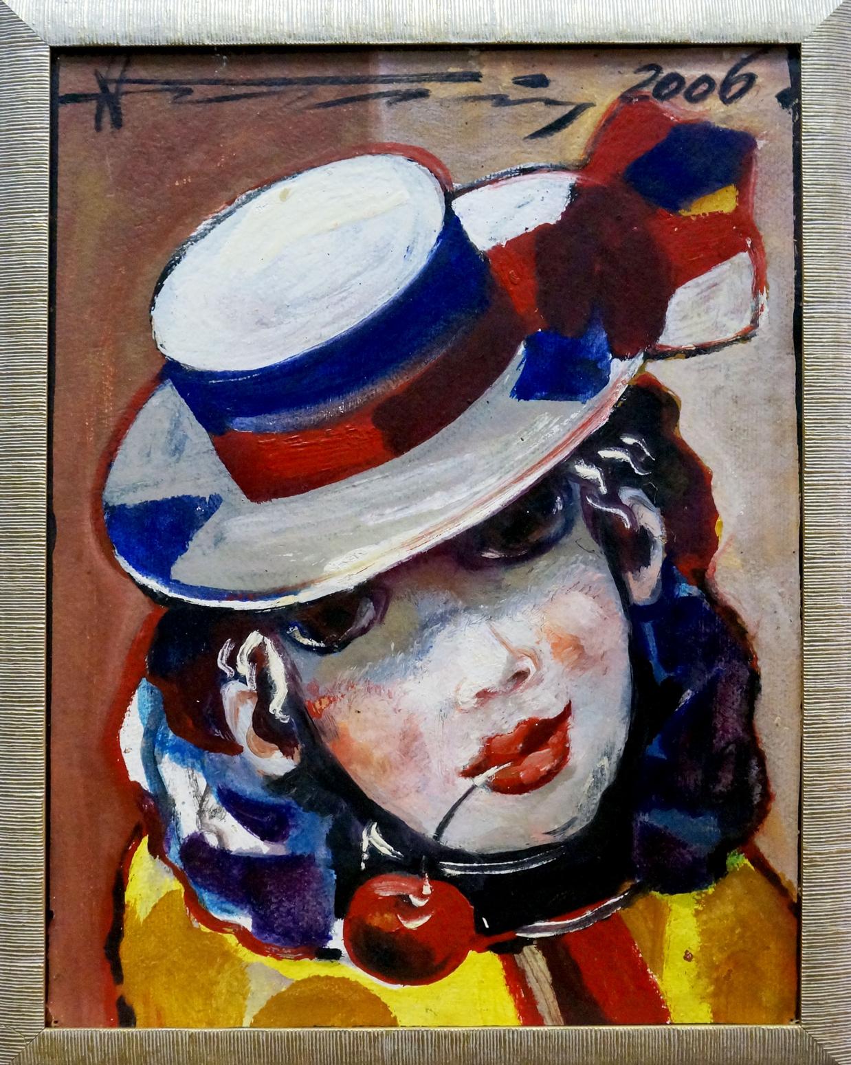 Oil painting by Nikolay Nikolaevich Prokopenko: Clown with cherry in white hat