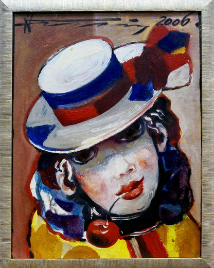 Oil painting by Nikolay Nikolaevich Prokopenko: Clown with cherry in white hat