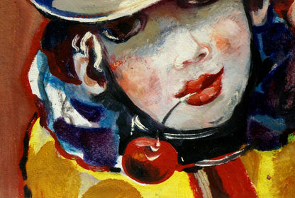 Vibrant oil portrait of clown with cherry by Nikolay Nikolaevich Prokopenko