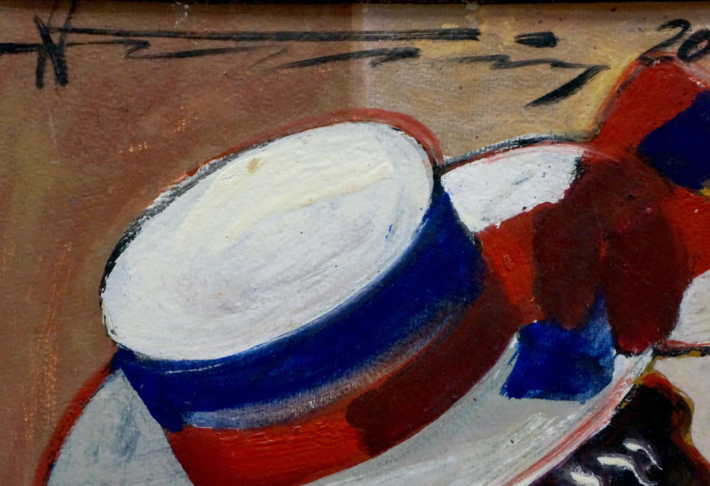 Vibrant red white blue wide-brim hat in Prokopenko clown with cherry oil painting
