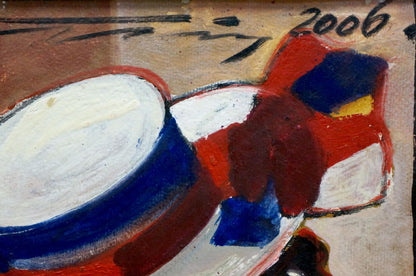 Oil painting by Nikolay Nikolaevich Prokopenko: Clown with cherry, bold red blue white strokes