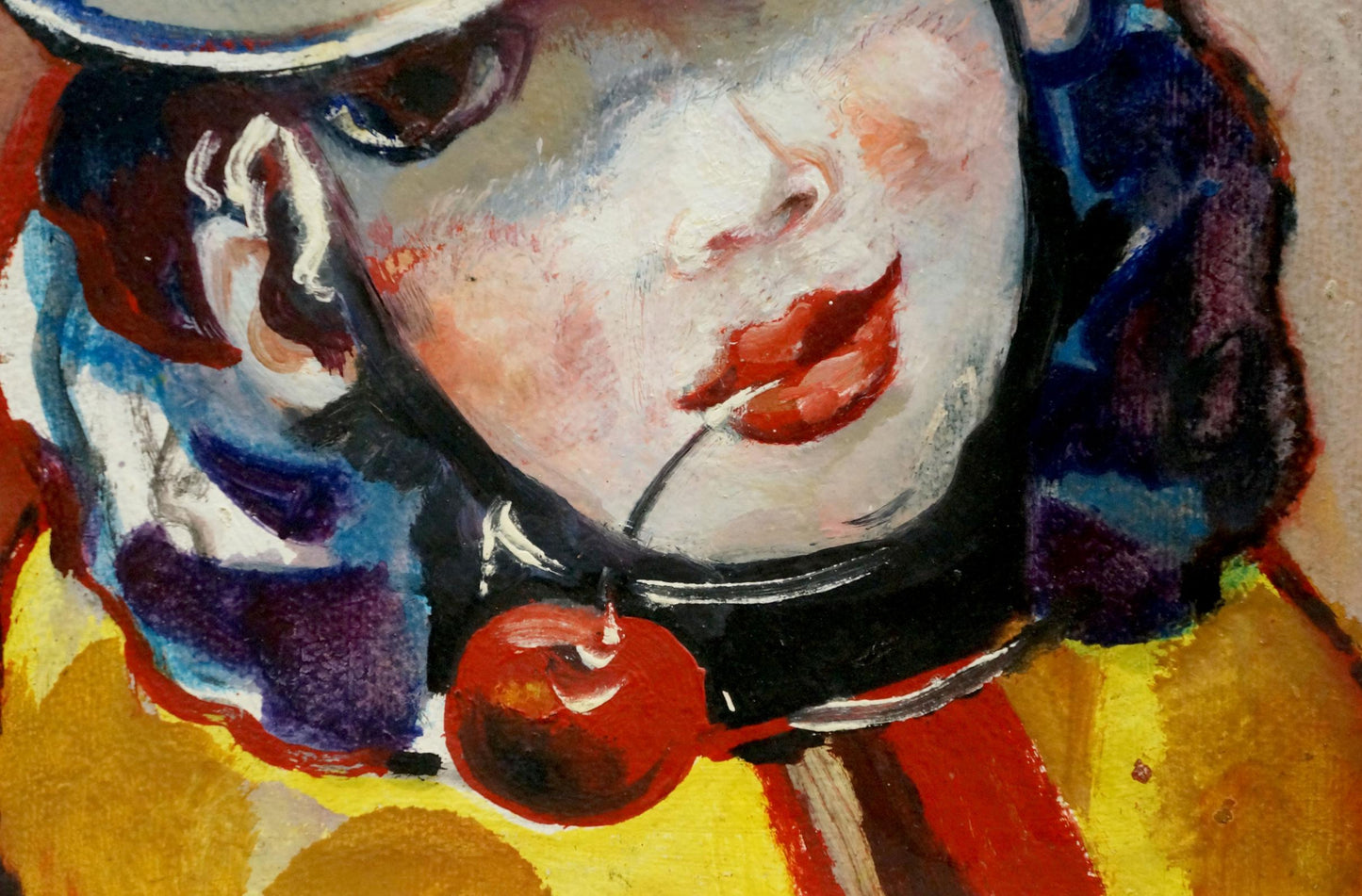 Oil painting by Nikolay Nikolaevich Prokopenko: clown with vibrant red lips, dark hair, glossy cherry pendant