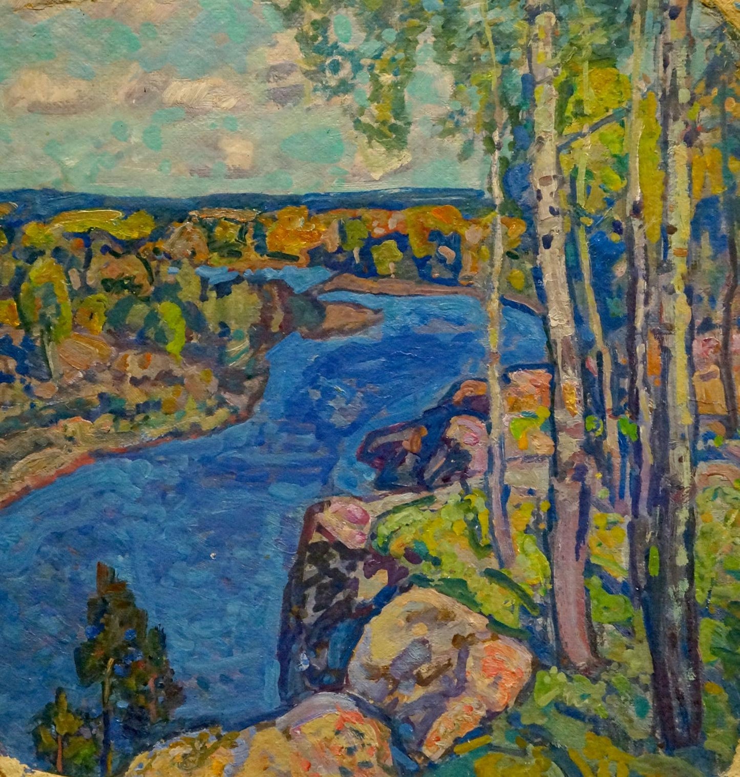 Vibrant impressionist oil painting by Gaiduk Viktor Kirillovich of river in forest