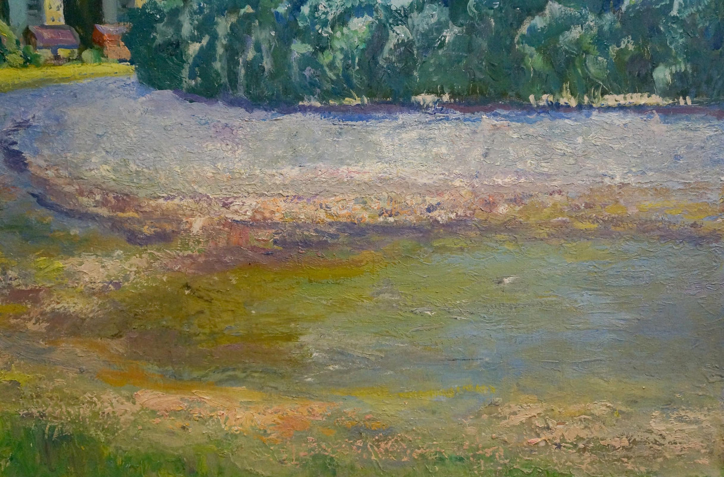 Oil painting Road to the City by Mynka Alexander Fedorovich, serene riverbank