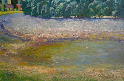 Oil painting Road to the City by Mynka Alexander Fedorovich, serene riverbank