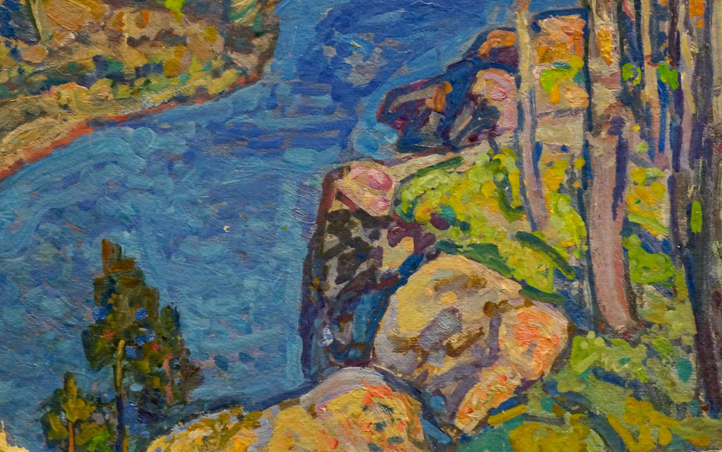 Vibrant impressionist oil painting by Gaiduk Viktor Kirillovich: rocky shoreline, lush greenery, deep blue river