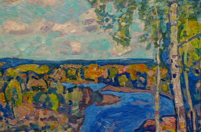 Vibrant impressionist oil painting by Gaiduk Viktor Kirillovich: winding river, trees