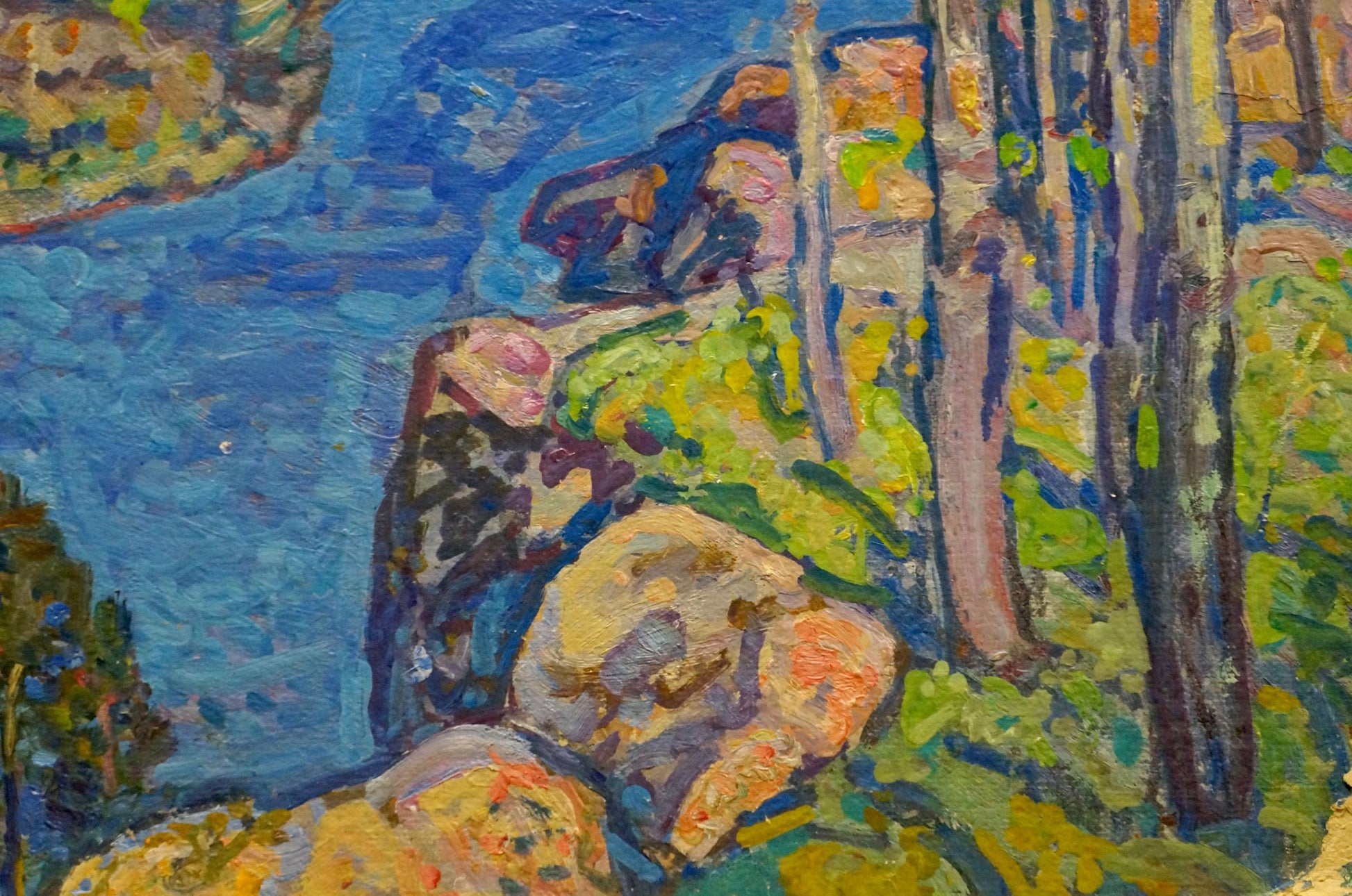 Vibrant impressionist oil painting by Gaiduk Viktor Kirillovich of rocky riverbank