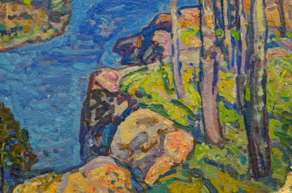 Vibrant impressionist oil painting by Gaiduk Viktor Kirillovich of rocky riverbank